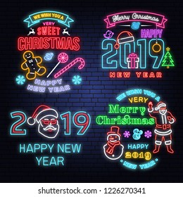 We wish you a very sweet Christmas and Happy New Year neon sign with snowflakes, christmas candy, cookie. Vector. Neon design for xmas, new year emblem, bright signboard, light banner. Night signboard