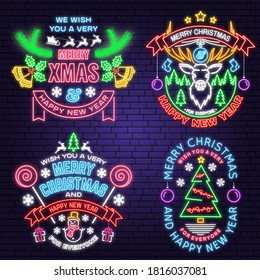 We wish you a very sweet Christmas and Happy New Year neon sign with snowflakes, christmas candy, snowman. Vector Neon design for xmas, new year emblem, bright signboard, light banner. Night signboard