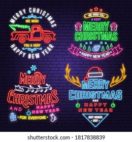 We wish you a very sweet Christmas and Happy New Year neon sign with snowflakes, classic red christmas truck. Vector. Neon design for xmas, new year emblem, bright signboard, light banner 