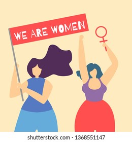 We Are Woman Inspirational Quote Flat Cartoon Card with International Womens Day Concept Two Girls Holding Lettering Streamer and Female Sign Modern Social Movement Vector Design Illustration