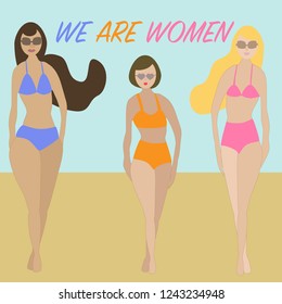 we are women. body positive and people concept - group of happy women different in swimsuit on the beach.