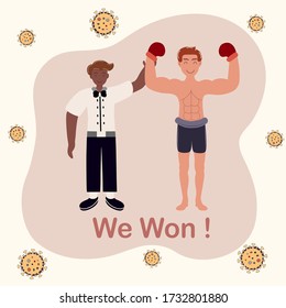 We won together. The super hero fighting with Coronavirus or COVID-19 for protect people. Muay Thai, Thai boxing, boxing. Vector cartoon character illustration icon design.