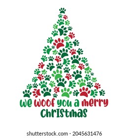 We Woof You A Merry Christmas - funny greeting, and paw print Christmas tree. Good for Greeting, and invitation card, poster, textile print and other decoration.