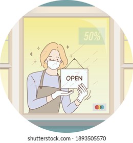 We are working again after coronavirus.Reopening. Welcome back after pandemic. Come in we are open. opening businesses after the pandemic
