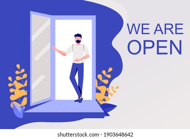 We are working again after coronavirus.Small business.The end of quarantine.Welcome back after pandemic.Man opens a door in cafe, shop,store,bakery.Reopening.Cute Flat Vector Illustration.We're open.