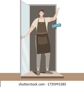 We are working again after coronavirus.Welcome back after pandemic.Small business.Man opens a cafe, shop,store,restaurant, bakery.Reopening.Cute Flat Vector Illustration.Barista.The end of quarantine.