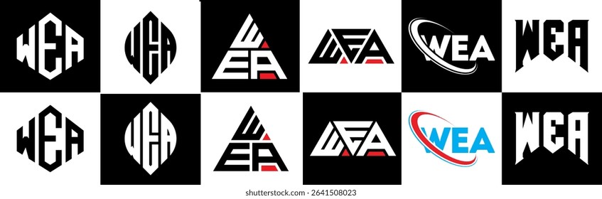 WEA letter logo design in six style. WEA polygon, circle, triangle, hexagon, flat and simple style with black and white color variation letter logo set in one artboard. WEA minimalist and classic logo