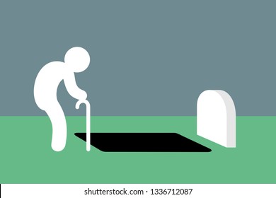 Weak aged old man is standing near grave hole in graveyard and cemetery - dying and coming to death / mourning and grieving widower. Vector illustration