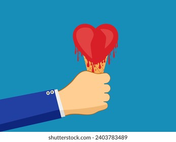 Weak heart. Hand holding your heart melts like ice cream. vector 