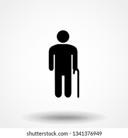 Weak hunched old man with a cane black silhouette flat vector icon