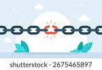 Weak link. Broken chain or weakness concept. Broken or unleashed black chain like freedom icon. concept of lost control sign or system vulnerability or security risk. Vector illustration