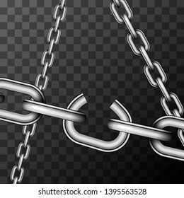 Weak link in glossy metallic chain on transparent background, conceptual illustration