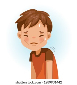 Weak Little Boy. Slim, Fatigue, Discomfort And Fatigue. Sad Boy.The Face Expresses Regret. Child Lament Standing. Looking Straight At You. Vector Cartoons And Illustrations Isolated On White.