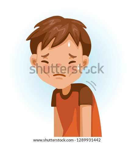 Weak little boy. Slim, fatigue, discomfort and fatigue. Sad boy.The face expresses regret. Child lament standing. Looking straight at you. Vector cartoons and illustrations isolated on white.