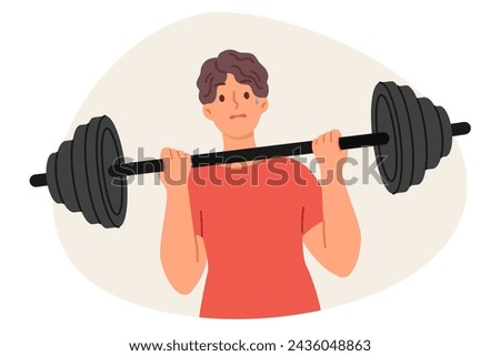 Weak man is doing fitness, trying to lift barbell to pump up big muscles and improve immunity. Tired guy doing sports exercise in gym, needs help of fitness trainer to achieve desired result