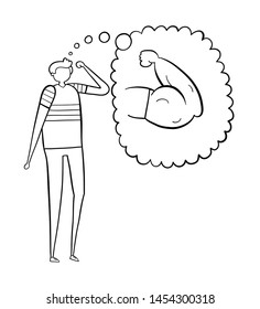 The weak man dreams of having muscular arms, hand-drawn vector illustration. Black outlines and white.