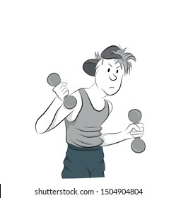 Weak Man Exercising with Dumbbells , Physical Workout Training, Active Healthy Lifestyle Vector Illustration
