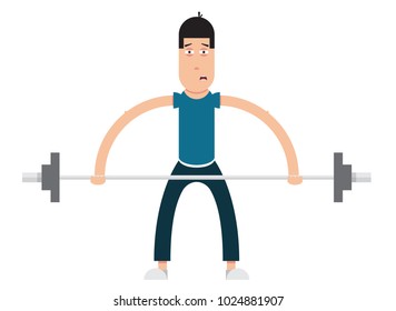 weak man holding a barbell,new to the gym and dumbbells,vector image, cartoon character