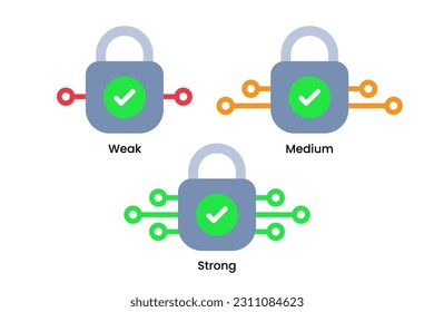 ilustración de concepto de protección de contraseña débil, media y fuerte, vector de diseño plano eps10. elemento gráfico simple y moderno para la información de mensajes de la página de inicio ui, infografía, icono, emergente