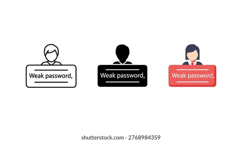 Weak password icons, cybersecurity concept with user profiles