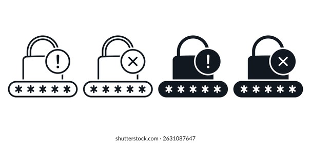 Senha fraca, ícone de erro de bloqueio. Vetor de ilustração