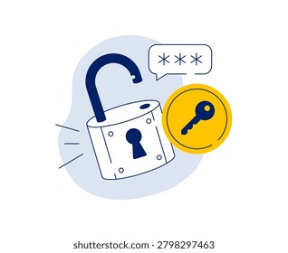 Weak password protection concept with an unlocked padlock. Cybersecurity, authentication, and data privacy. Vector flat illustration on a white background.