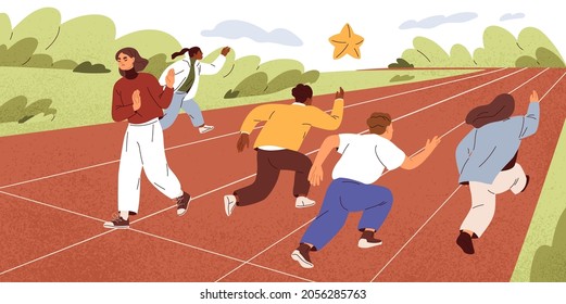 Weak person refusing to compete with other people from start, quitting life competition, surrendering at beginning of her way to success. Concept of giving up career race. Flat vector illustration