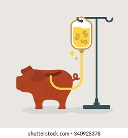 Weak piggy bank getting a money transfusion. Money savings concept cartoon illustration