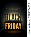 Weak rear spotlight beam and Black Friday 3d inscription with vintage neon box. Seasonal sale poster design layout with copyspace. Orange glowing lightbox intriguing vector banner template.