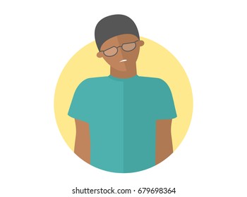 Weak, sad, depressed black boy in glasses. Flat design icon. Handsome man with feeble depression emotion. Simply editable isolated on white vector sign
