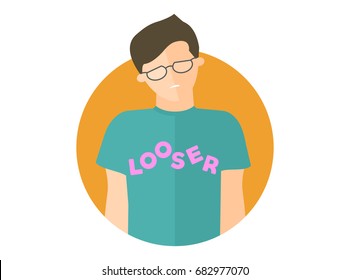Weak, sad, depressed boy in glasses. Flat design icon of man with looser lettering. Handsome man with feeble depression emotion. Simply editable isolated on white vector sign