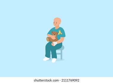 Weak, Sad And Lonely Boy Sitting With A Toy. Childhood Cancer Illustration. Vector