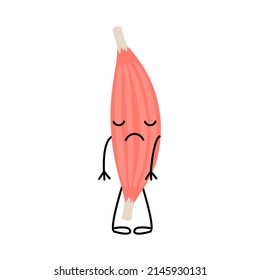 Weak sad pain muscle, cartoon character. Lack of energy, overwork. Fragile tension fiber part body human. Skeletal muscle, inside tissue. Vector illustration