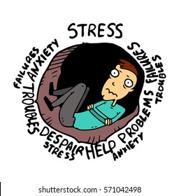 Weak and spineless man stymied in a deadlock by circumstances and experiences fear and depression, feeling as if in a dark hole, surrounded by problems