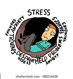 Weak and spineless man stymied in a deadlock by circumstances and experiences fear and depression, feeling as if in a dark hole, surrounded by problems