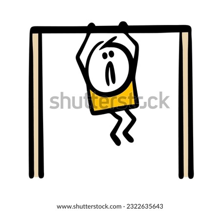 Weak stickman man is hanging on a horizontal bar in the gym and trying to pull himself up. Vector illustration of a persistent athlete on the court. Hand drawn stick figure character isolated.
