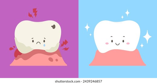 Weak tooth with lesions compare with strong tooth. Illustration of tooth decay, plaque, gum pain or gingivitis and healthy tooth. Concept of dental health, dentistry. Flat vector illustration cartoon.