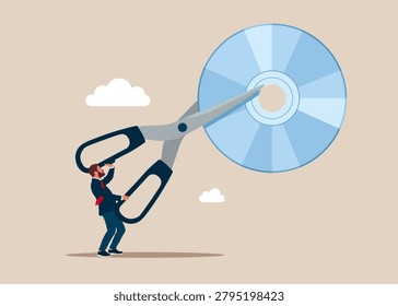 Weak and unpopular compact disk. Businessman cutting scissors to cut dvd and CD RW. Files cancellation. Flat vector illustration.