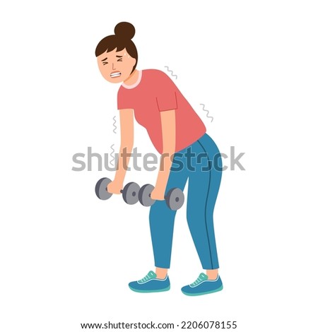 Weak woman doing exercise in flat design on white background.