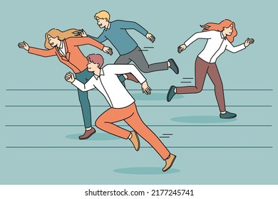 Weak woman employee refuse compete in race with colleagues or coworkers. Unmotivated female surrender from contest, fail quit life competition or game. Loser. Vector illustration. 