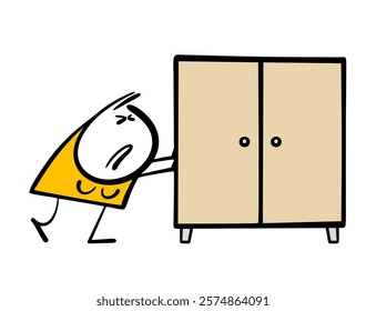 Weak woman is forced to do a man's job. Vector illustration of a lonely girl moving a heavy wardrobe, rearranging furniture. Isolated female cartoon character on white background.