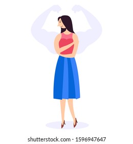 Weak Woman With A Silhouette Of Muscular Arms. Vector Editable Illustration