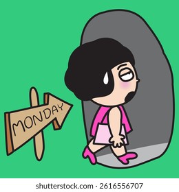 Weak Young Woman Walking Alone Monday Dark Tunnel Concept Cartoon Character illustration