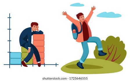 a weakened man sits on a growing schedule, he is tired of working, happy goes camping in nature on vacation or on weekend