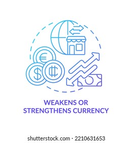 Weakens and strengthens currency blue gradient concept icon. Money value. Effect of inflation abstract idea thin line illustration. Isolated outline drawing. Myriad Pro-Bold font used