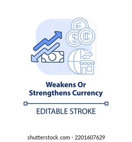 Weakens and strengthens currency light blue concept icon. Effect of inflation abstract idea thin line illustration. Isolated outline drawing. Editable stroke. Arial, Myriad Pro-Bold fonts used