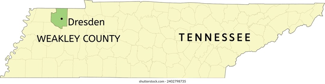 Weakley County and town of Dresden location on Tennessee state map
