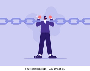 Weakness or conflict causing failure in business and investment concept, tried fatigue businessman trying to hold broken chain together