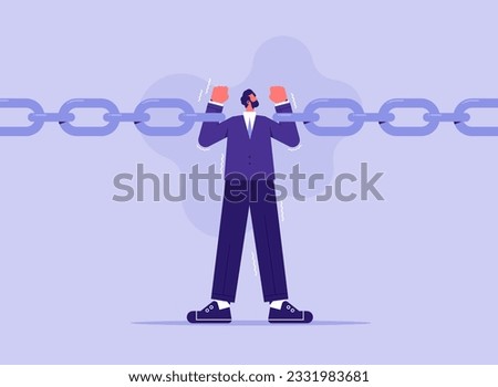 Weakness or conflict causing failure in business and investment concept, tried fatigue businessman trying to hold broken chain together