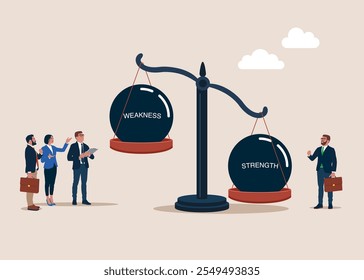 Schwäche und Stärke Gleichgewicht auf der Skala. Balance und Gerechtigkeit für Führungskonzept. Moderne Vektorgrafik im flachen Stil